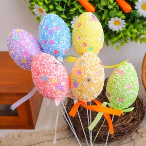 Lot de 6 pics à œufs de Pâques colorés en mousse avec motifs floraux pour décoration