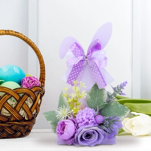 Lavender Easter bunny tabletop ornament with purple flowers and white polka dot bow