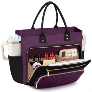 Detail of purple tote bag showing organized front pocket with calculator and stationary