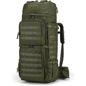 Army green tactical backpack with MOLLE webbing system for outdoor hiking and camping use