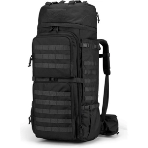 Side view of tactical hiking backpack showing MOLLE system and padded waist straps