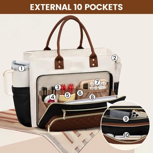 Cream and brown 10-pocket utility tote bag for laptop with organized storage compartments