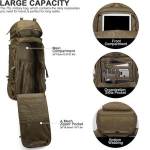 75L coyote brown military tactical backpack with spacious interior and gear compartments