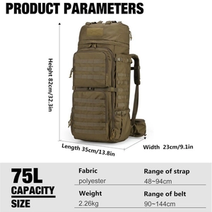 75L olive tactical hiking backpack with dimensions 82x35x23cm and MOLLE system