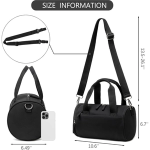 Grand sac de voyage cylindrique noir avec dimensions et guide des tailles complet