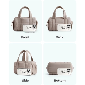 Sac à main matelassé taupe pour femme avec vue 4 angles et guide de taille