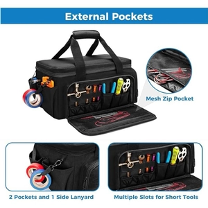 Portable heavy-duty oxford tool bag with external pockets and mesh zip storage