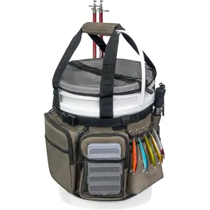 Detail of army green fishing bucket bag with rod holders and multi-pocket storage