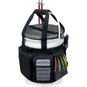 Fishing bucket tool organizer bag with multi-pockets and rod holder in black