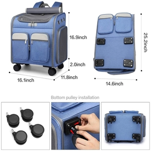 Blue pet carrier with wheels, breathable mesh, and adjustable handle for cats and dogs