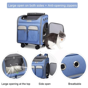Blue-gray foldable pet carrier backpack with silent swivel wheels and mesh ventilation