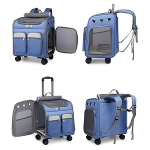 Blue foldable pet carrier backpack with silent swivel wheels and telescopic handle