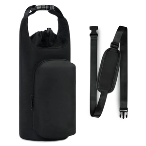 Detail of black tactical water bottle pouch with zippered front pocket and shoulder strap