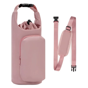 Insulated Water Bottle Bag With Adjustable Shoulder Strap Phone Pocket Drawstring Holder For Hiking Traveling Outdoor