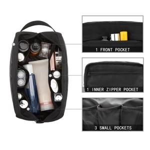 Multifunctional black travel toiletry bag with multiple mesh compartments and large capacity