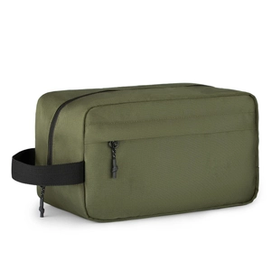 Detail of army green nylon toiletry bag with woven texture and black zipper handle