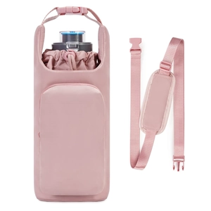 Pink insulated water bottle carrier bag with adjustable shoulder strap and phone pocket