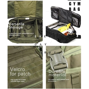 Army green tactical fitness duffel bag with multi-compartments and velcro patch area