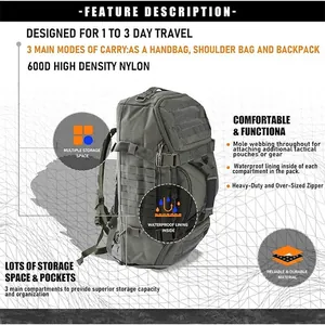 Olive green tactical gym backpack in 600D nylon for outdoor sports and short travel
