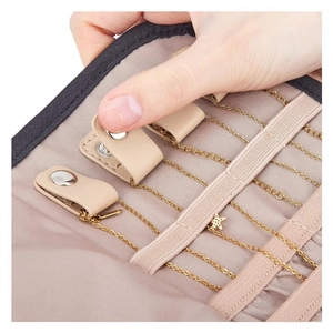 Portable faux suede jewelry roll organizer with snap-button straps for necklaces