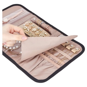Faux suede jewelry travel roll organizer with earring board and ring holder