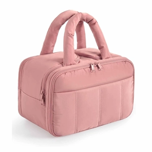 Beauty case rosa trapuntato ad alta capacità con manici morbidi e diverse cerniere