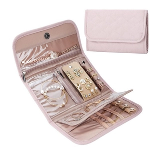 Pink quilted faux suede jewelry roll organizer with necklace hooks and ring holders