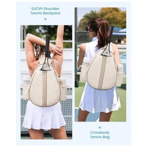 Waterproof quilted cream tennis racket bag with adjustable strap for pickleball and badminton
