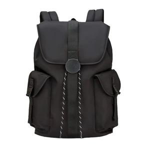 Minimalist black multi-functional travel laptop backpack with waterproof fabric and buckles