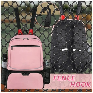 Pink and black tennis racket backpack with large capacity and fence hook feature