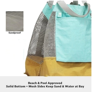Large mesh beach tote with sandproof bottom and multi-color dopamine style patchwork