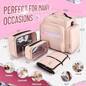 Rosa Reise-Kosmetiktaschen-Set mit vier abnehmbaren Boxen und Regenbogen-Streifen Design