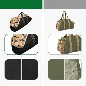 Heavy duty canvas firewood carrier bag with closed side ends for secure log transport