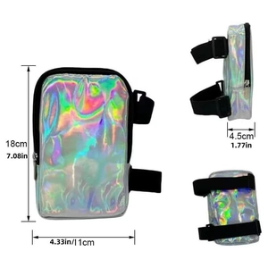 Holographic thigh bag with adjustable strap for outdoor hiking shown in three angles