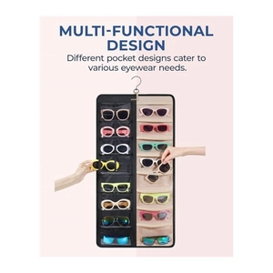 Hanging sunglasses organizer with 16 PVC pockets and sturdy metal hook for closet storage