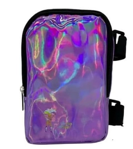 Detailed view of holographic purple thigh bag featuring adjustable strap and metallic zipper