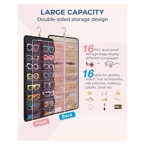 Dual-sided hanging sunglasses organizer with 32 dust-proof PVC slots for glasses and jewelry