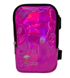 Close-up of holographic pink thigh bag with water-resistant PVC and adjustable strap