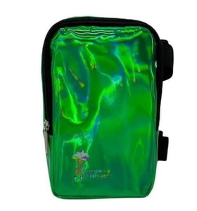 Detail of green holographic thigh bag featuring a secure zipper and adjustable black strap