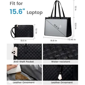 Quilted 2-in-1 tote bag and lunch clutch set for women with 15.6 inch laptop compartment
