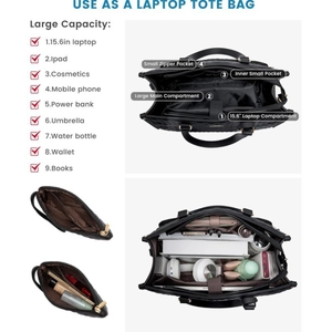 Detail view of the 15.6 inch laptop compartment and internal pockets of the black tote bag
