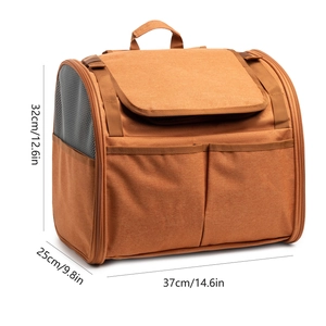 Detailed dimensions of the brown expandable pet carrier bag with mesh and pockets