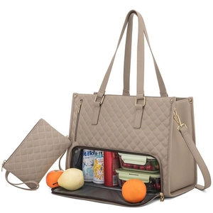 Quilted gray tote bag with bottom insulated compartment for lunch boxes and drinks