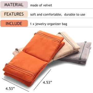 Portable velvet jewelry organizer bag for rings and necklaces in orange beige and grey