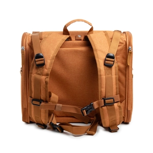 Detail of adjustable padded shoulder straps and breathable back design on cat backpack