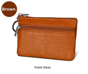 Close-up of brown litchi pattern leather coin purse with double zipper and key ring