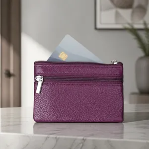 Purple leather RFID blocking wallet with double zippers for credit card security