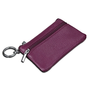 Mini genuine leather RFID blocking wallet with purple litchi texture and key ring