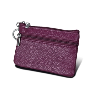 Genuine leather RFID blocking mini wallet with purple lychee texture and double zippers