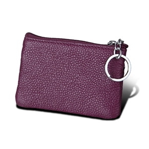 Purple pebble leather RFID blocking mini coin purse with silver zipper and keychain
